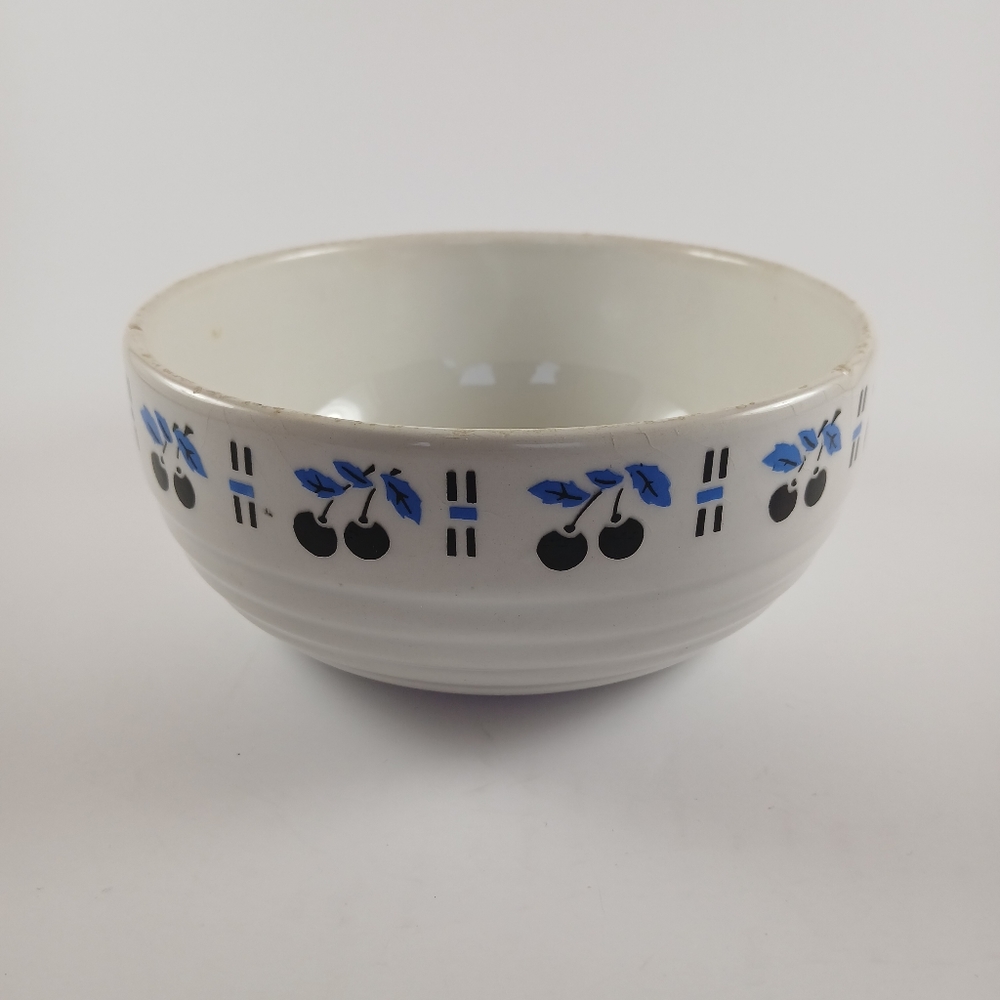 Czechoslovakia Art‎ Deco Ceramic Bowl White With Blue Cherries 5 7/8" Wide
